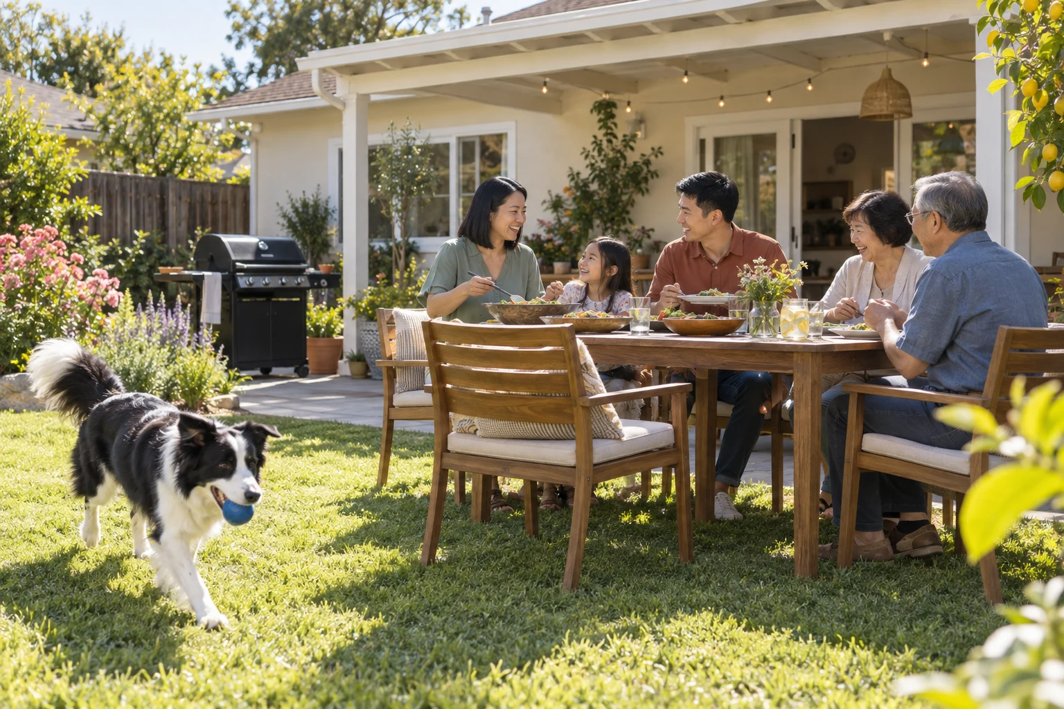 A family sharing a sunny patio meal while their border collie plays with a ball on the lawn