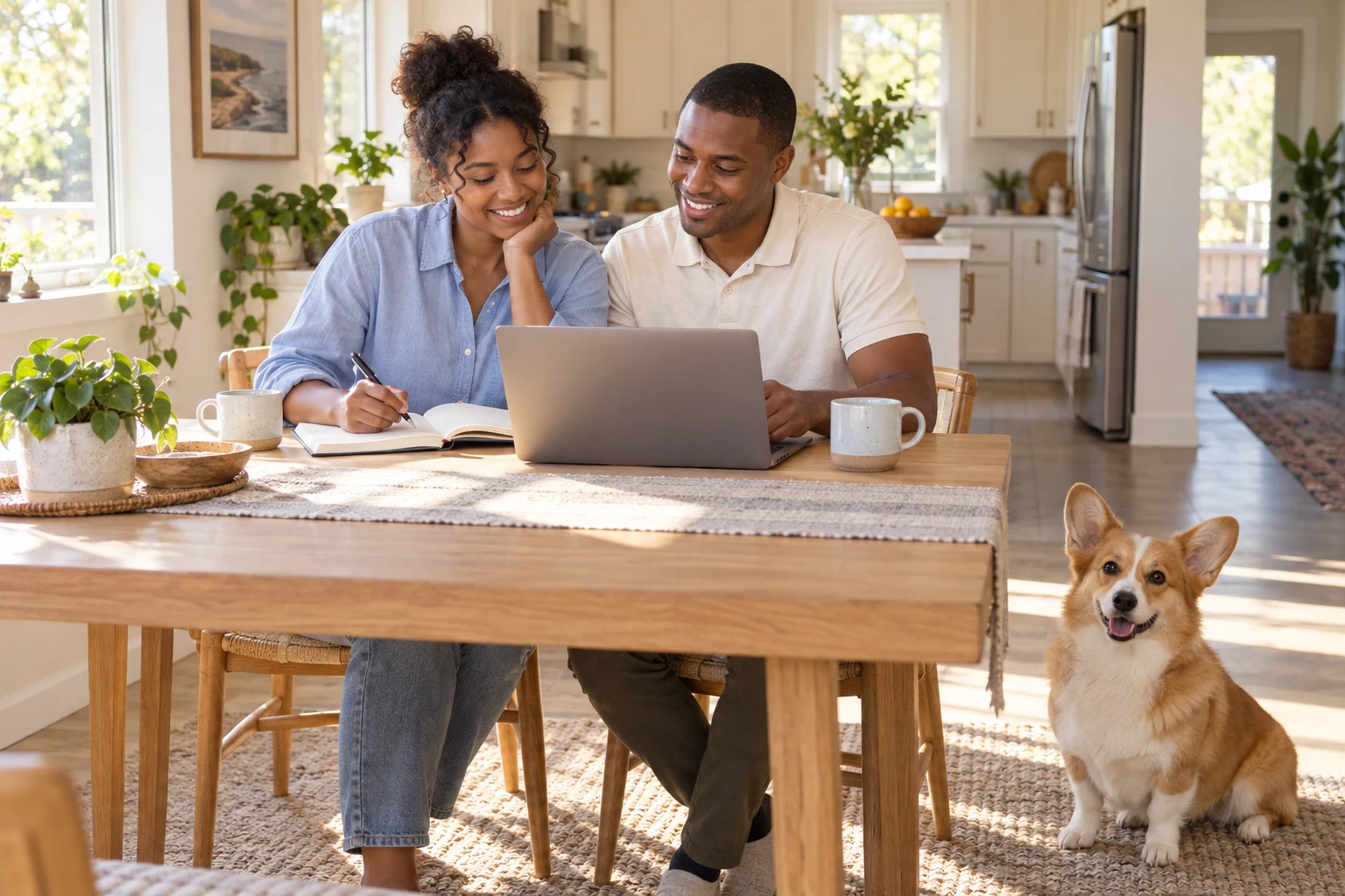 A couple planning their home purchase at a sunny kitchen table with their corgi beside them