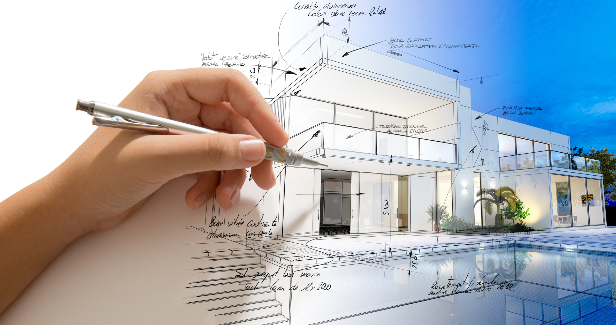 An architectural drawing taking shape as a custom home with a pool