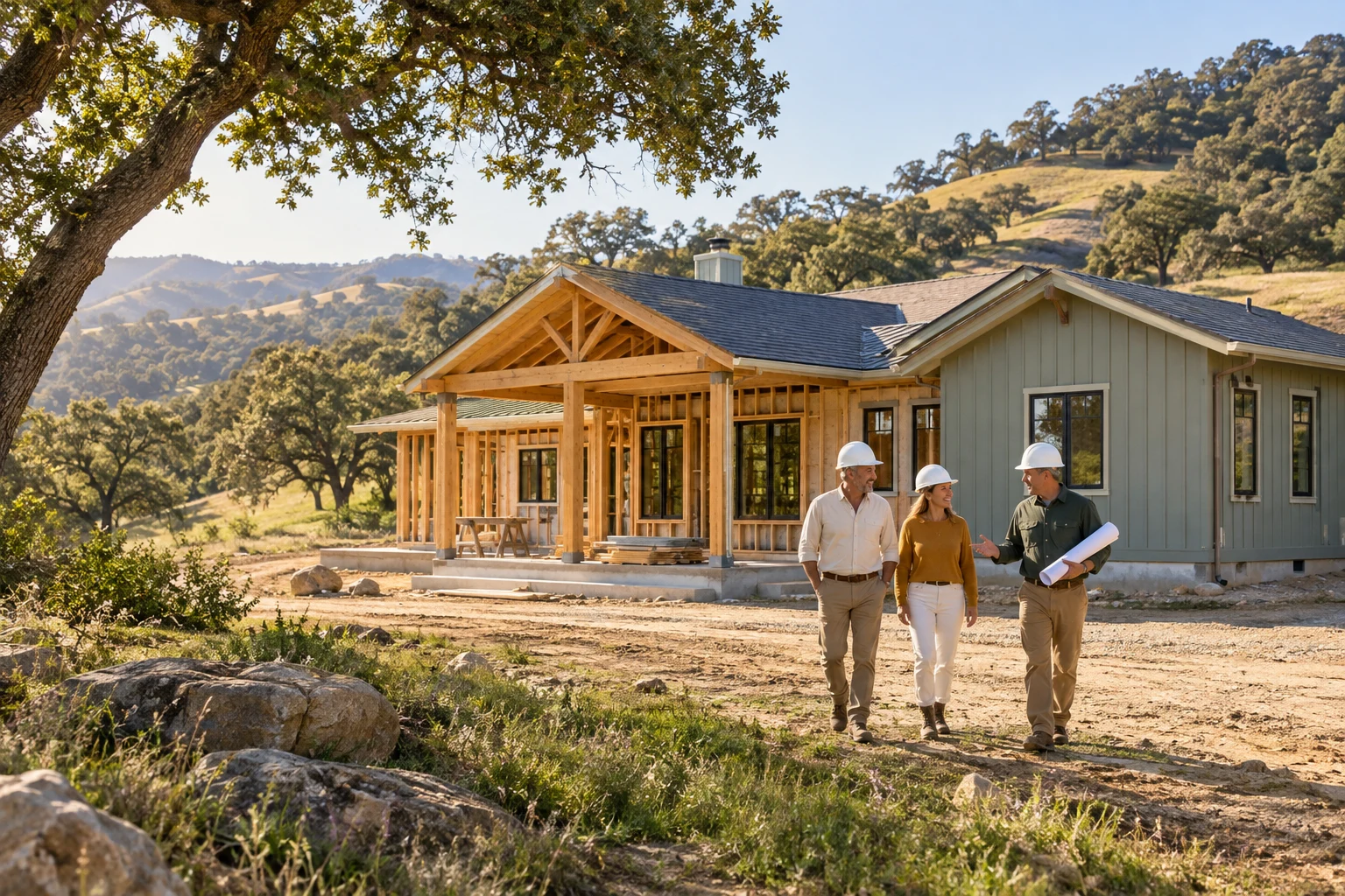 A couple and their contractor walking a spacious foothill property beside a modest custom home under construction