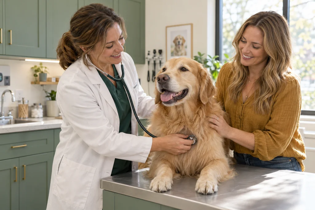 Illustrative scene of a veterinarian caring for a golden retriever in a sunlit clinic