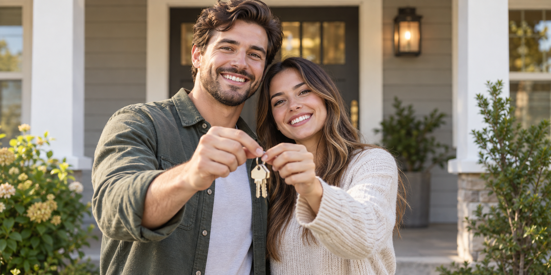 A young couple holding their new house keys outside a home