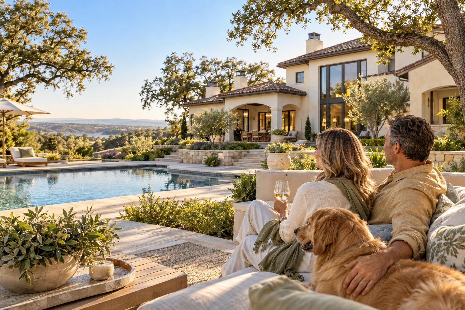 A couple and their golden retriever enjoying a sunny patio beside a pool and a luxury custom home