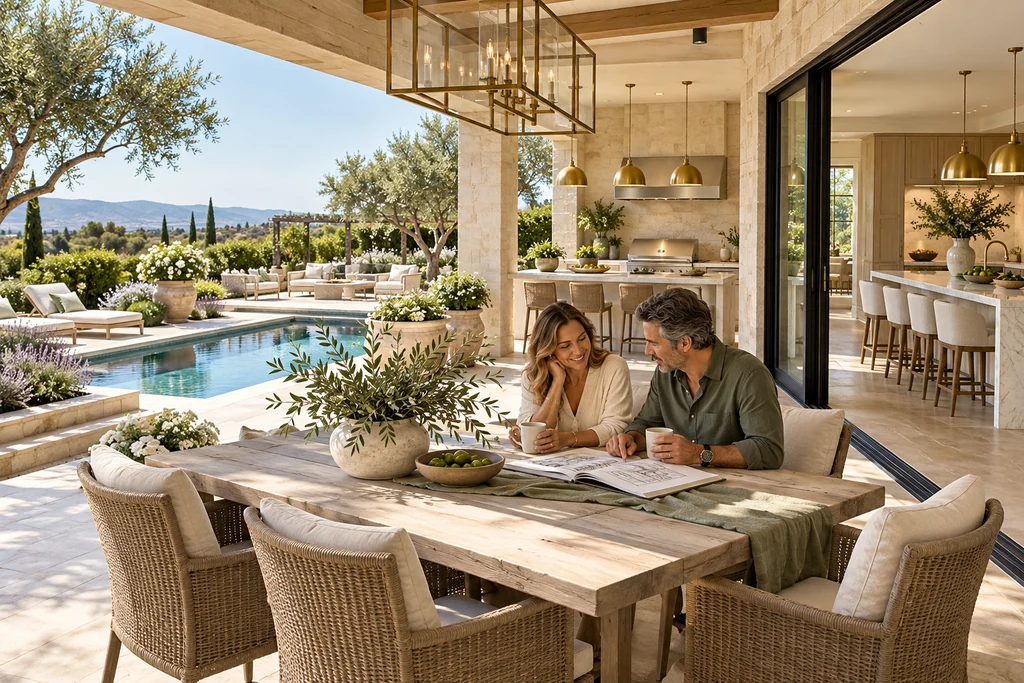 Sunlit luxury home with a covered outdoor kitchen, pool, and inviting patio for everyday living