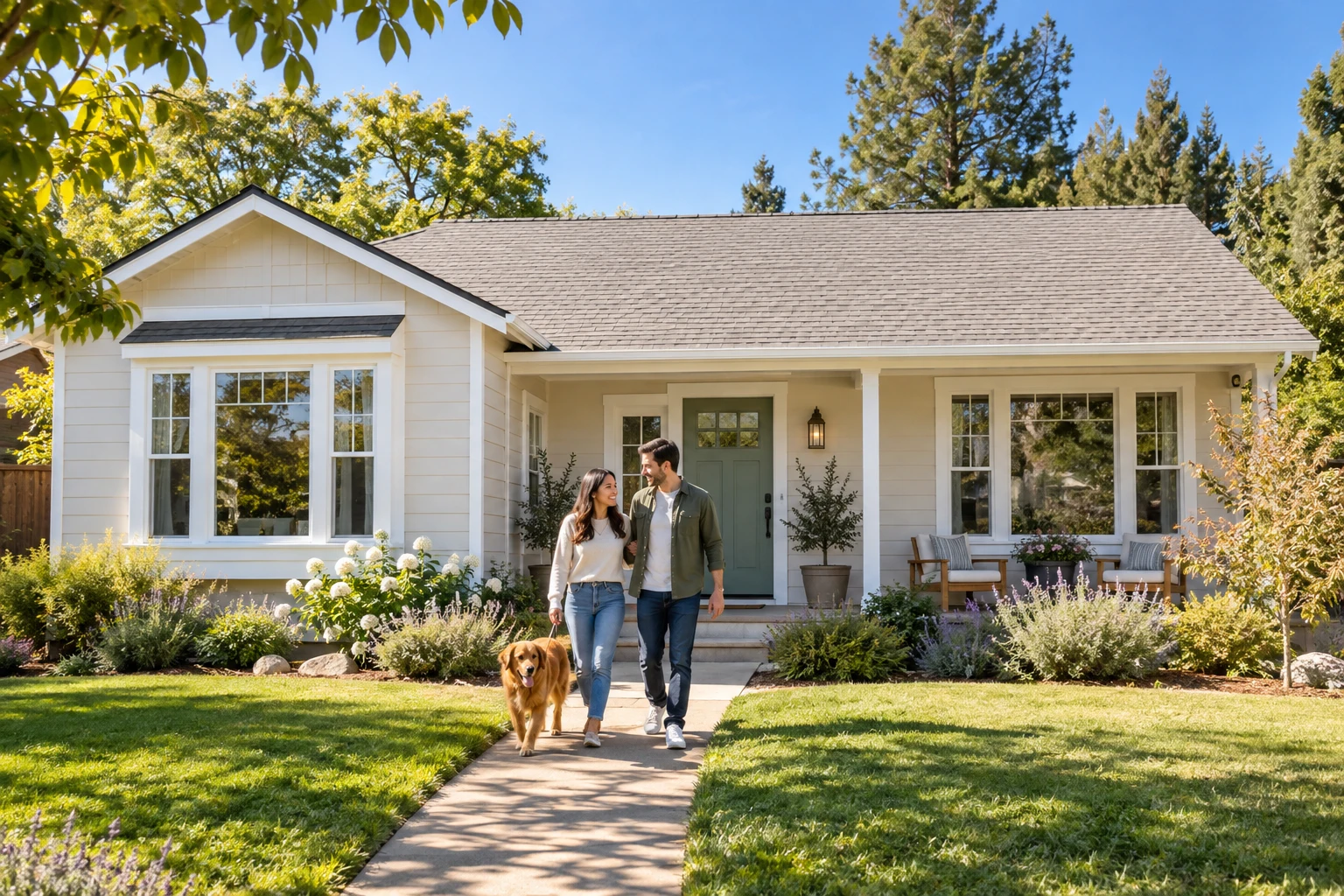 A couple and their dog outside a sunny home with updated windows and a fresh roof