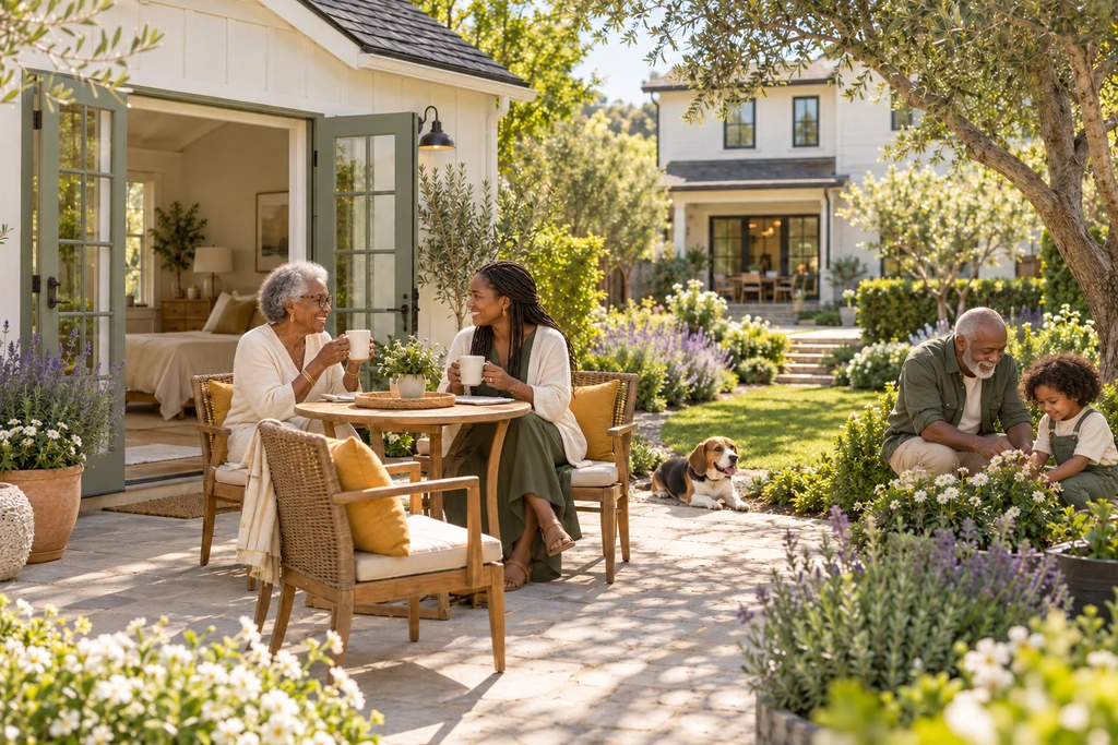Grandmother and adult daughter relax outside a backyard cottage while family gardens nearby and a beagle rests on the path
