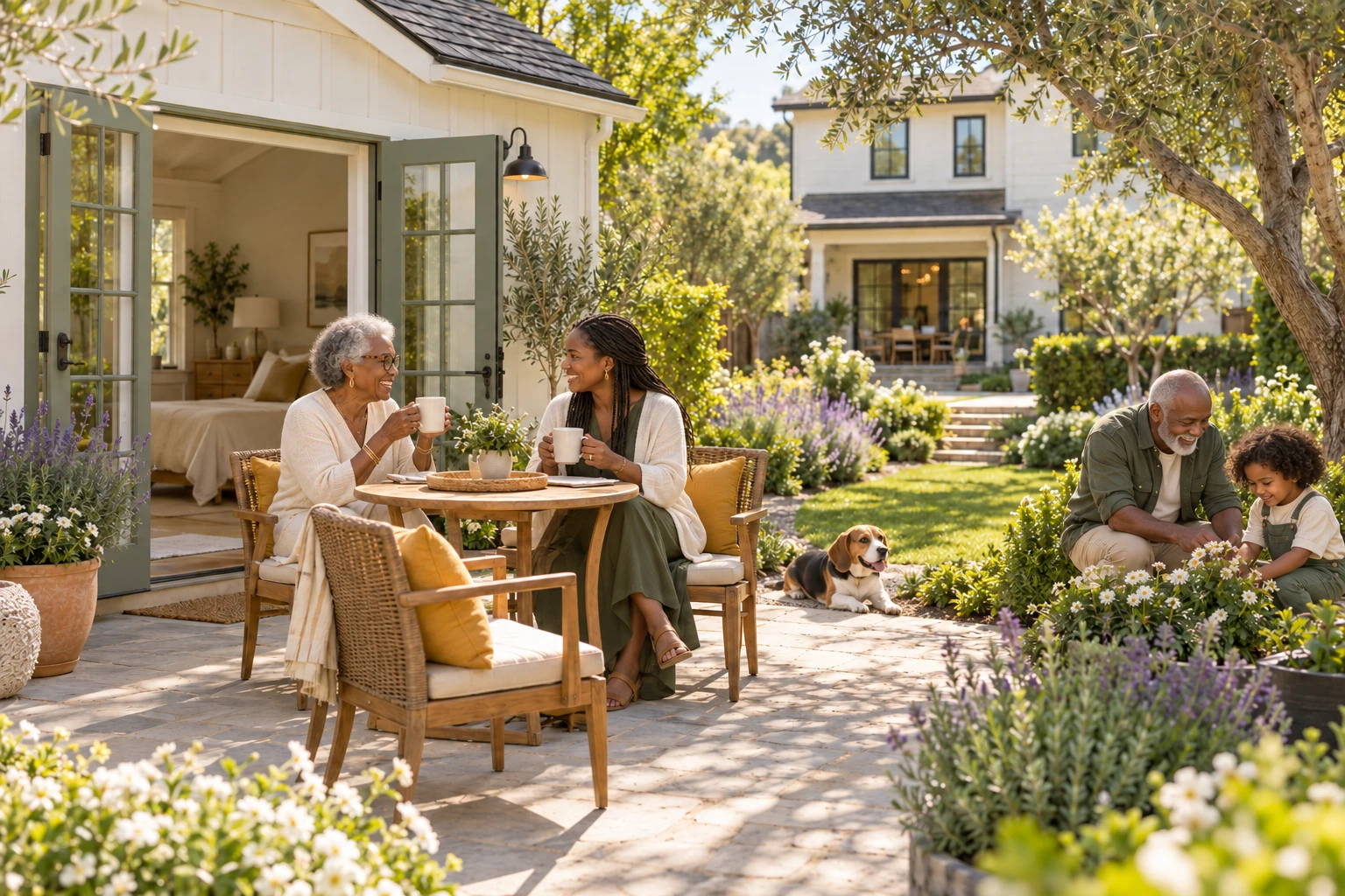 Family enjoying time together on a sunny patio