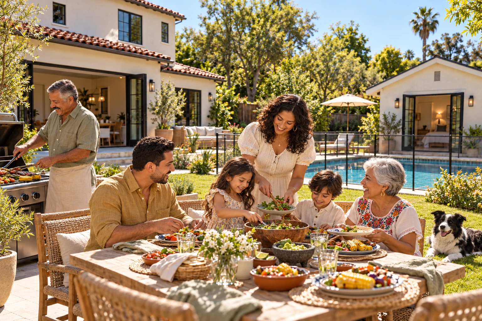 Three generations enjoy a sunny backyard barbecue with a border collie beside a pool, main home, and backyard cottage