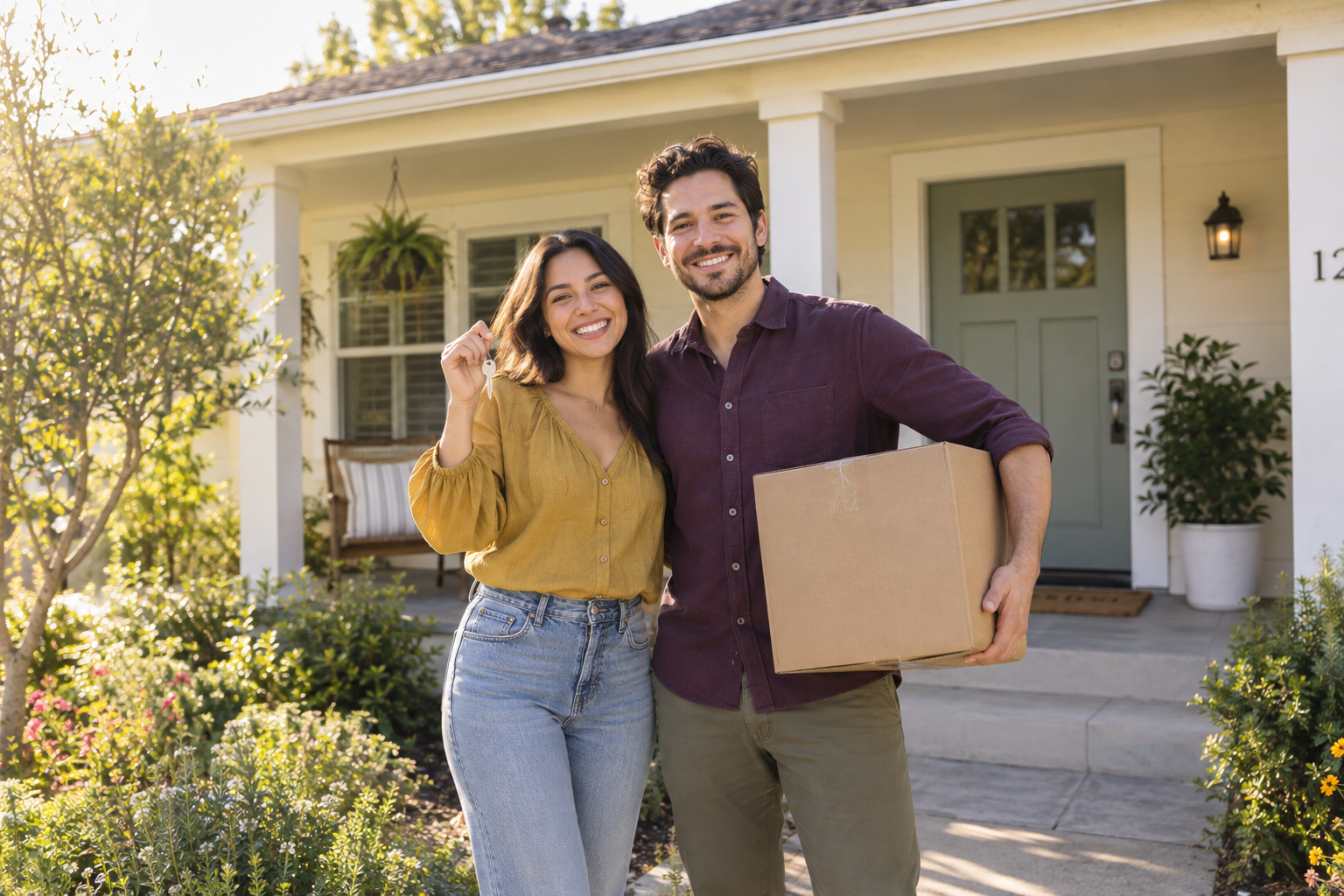 First-time buyers holding keys outside a home