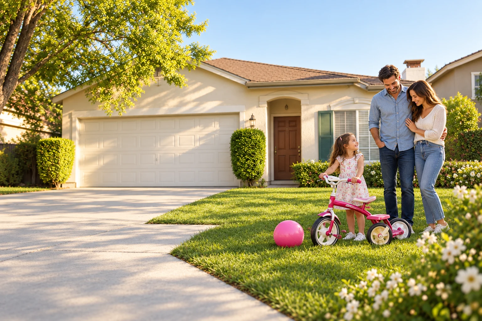 Family enjoying their sunny front yard