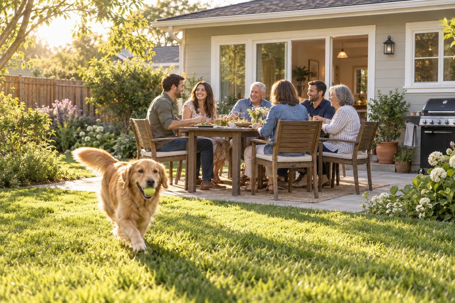 A young couple enjoying a family meal on the backyard patio while a dog plays on the green lawn