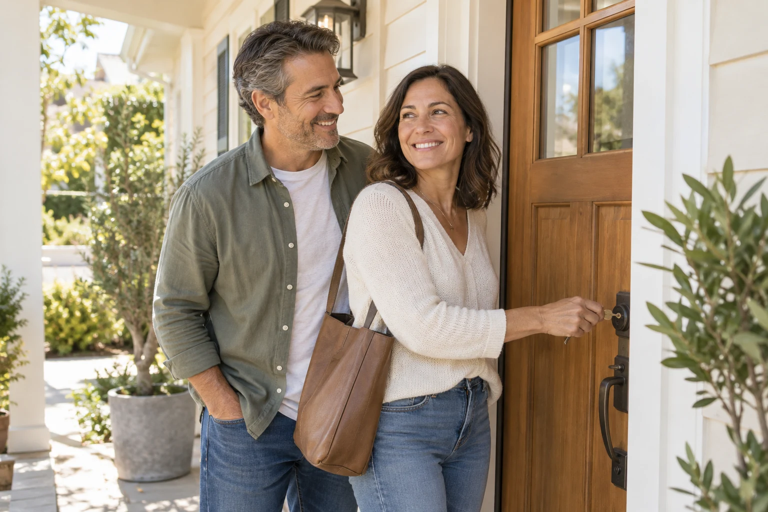 A couple sharing a smile as they unlock their first home on a sunny porch