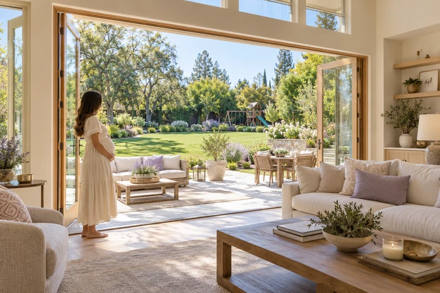 An expectant mother looking out toward a spacious backyard with a swing set