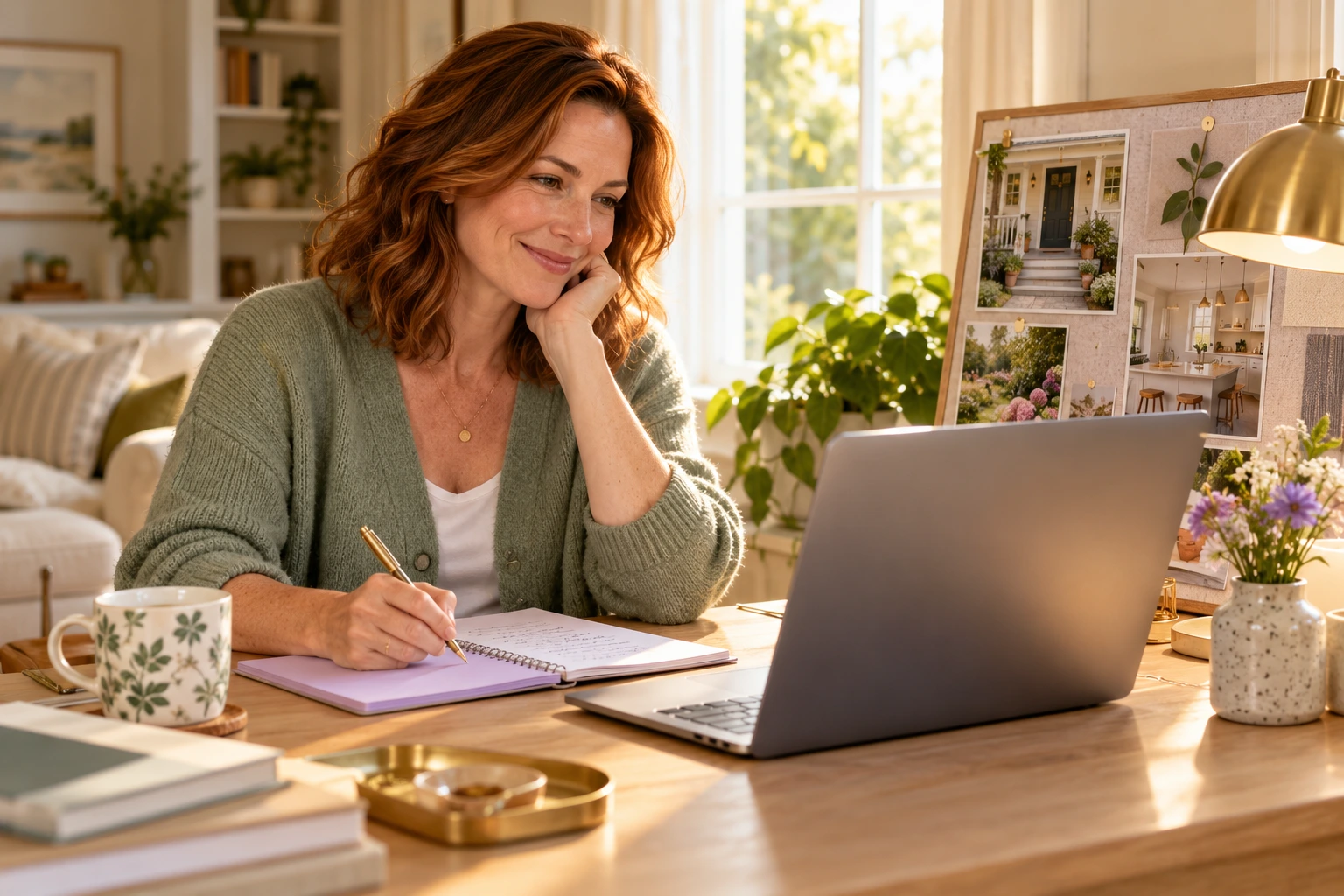 A woman taking notes during an online lesson beside an inspiration board for her future home