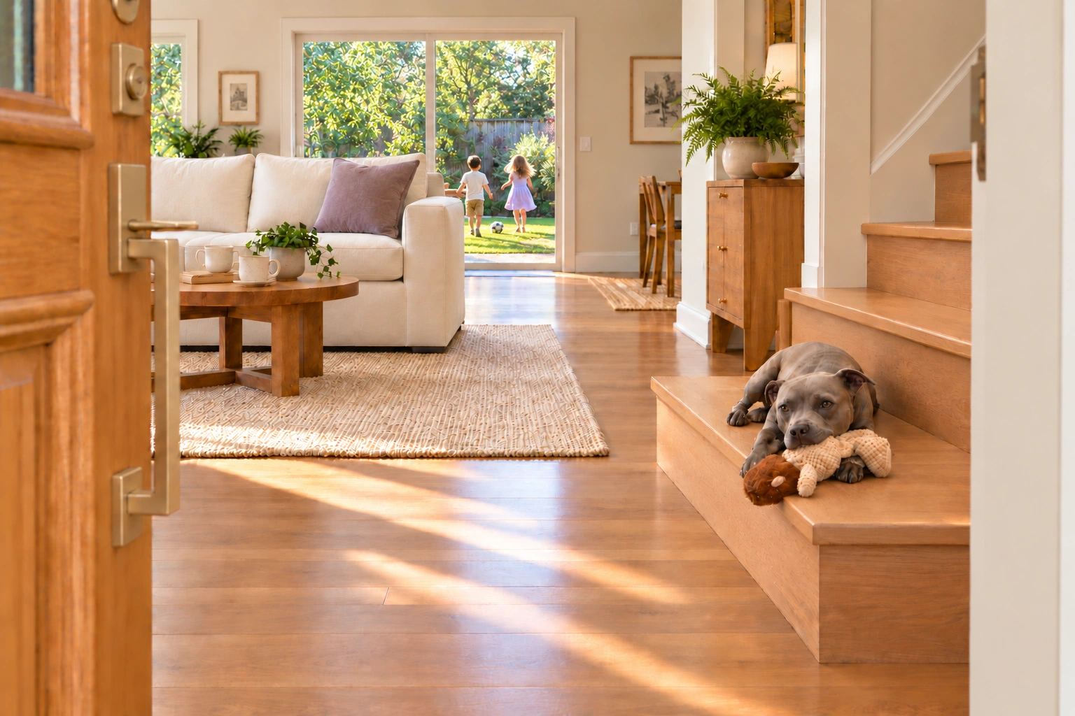 A warm open doorway with Sophie and her teddy bear resting on a hardwood stair, and children playing in the sunny backyard