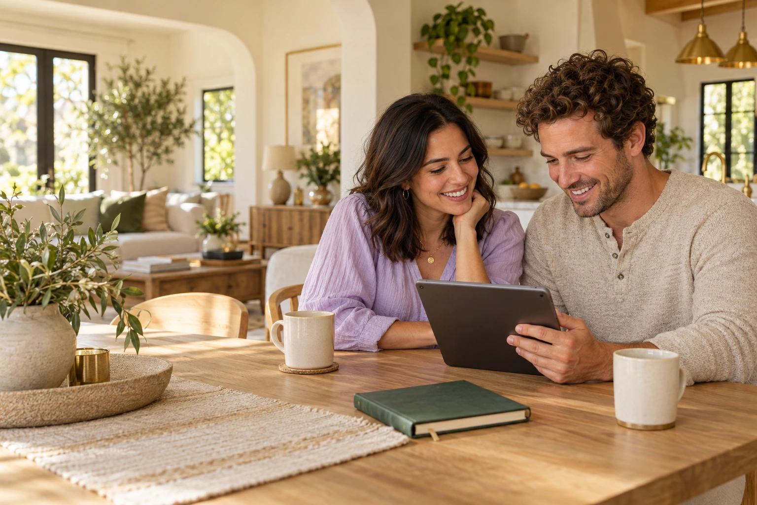 A smiling couple exploring their homebuying plans on a tablet at a sunny kitchen table
