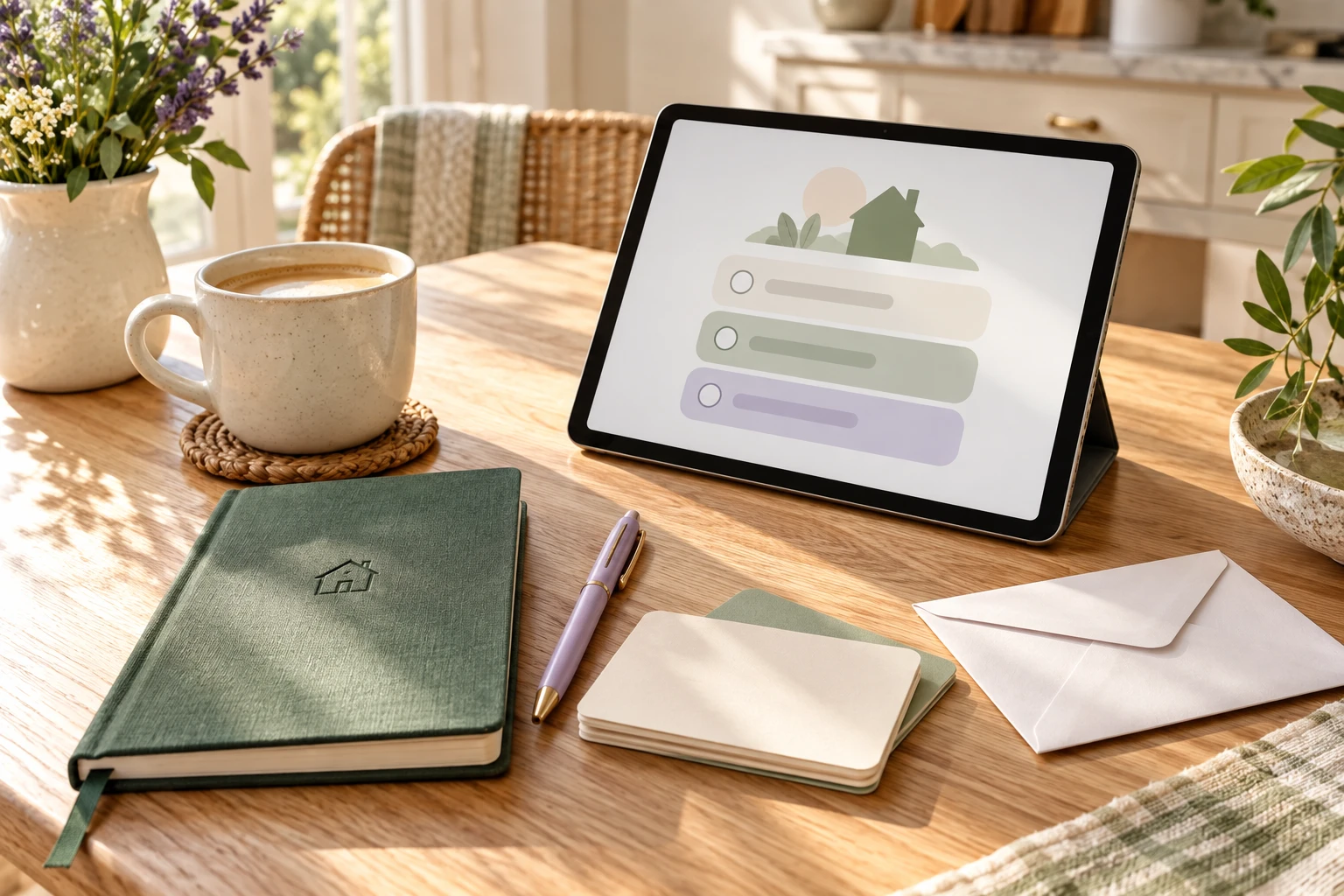 A tablet, homebuying notebook, study cards and an envelope on a sunny kitchen table