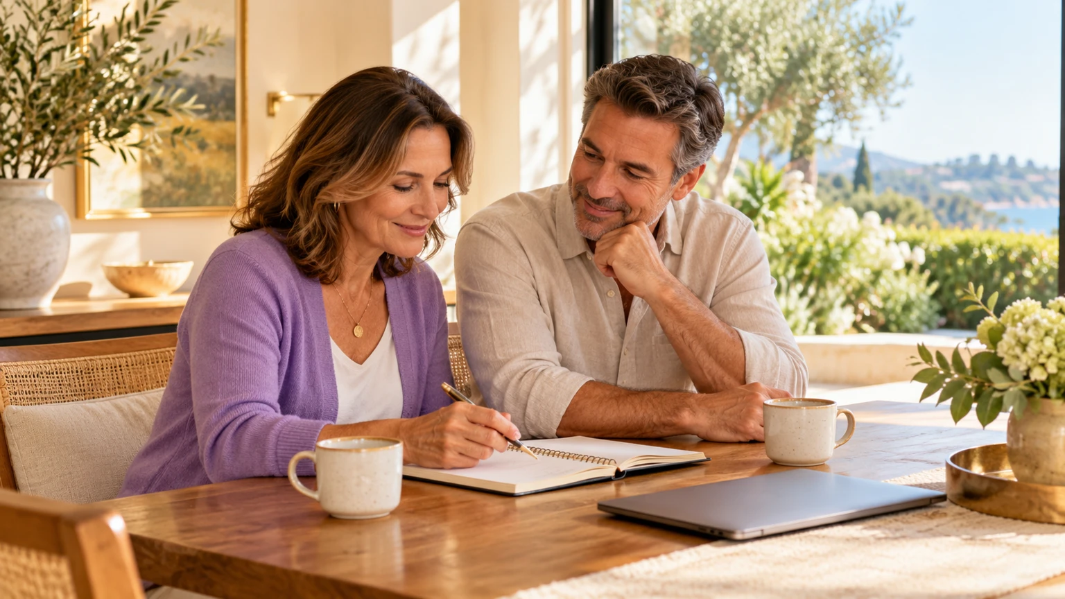 Homeowners talking through their plans in a bright, welcoming dining room