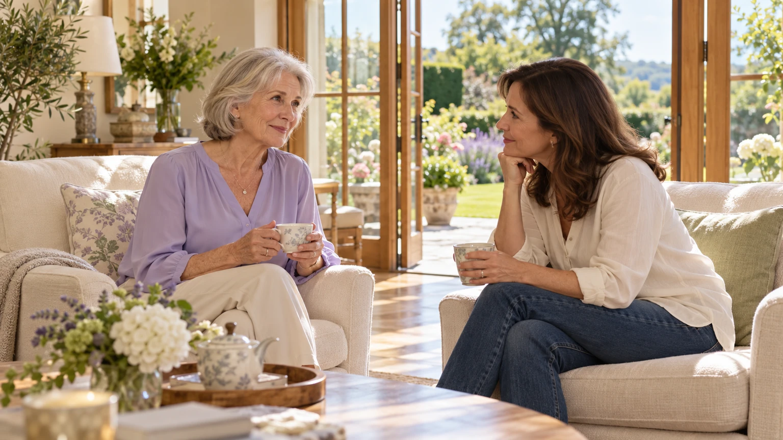 A woman and her adult daughter sharing a quiet conversation in a sunny home