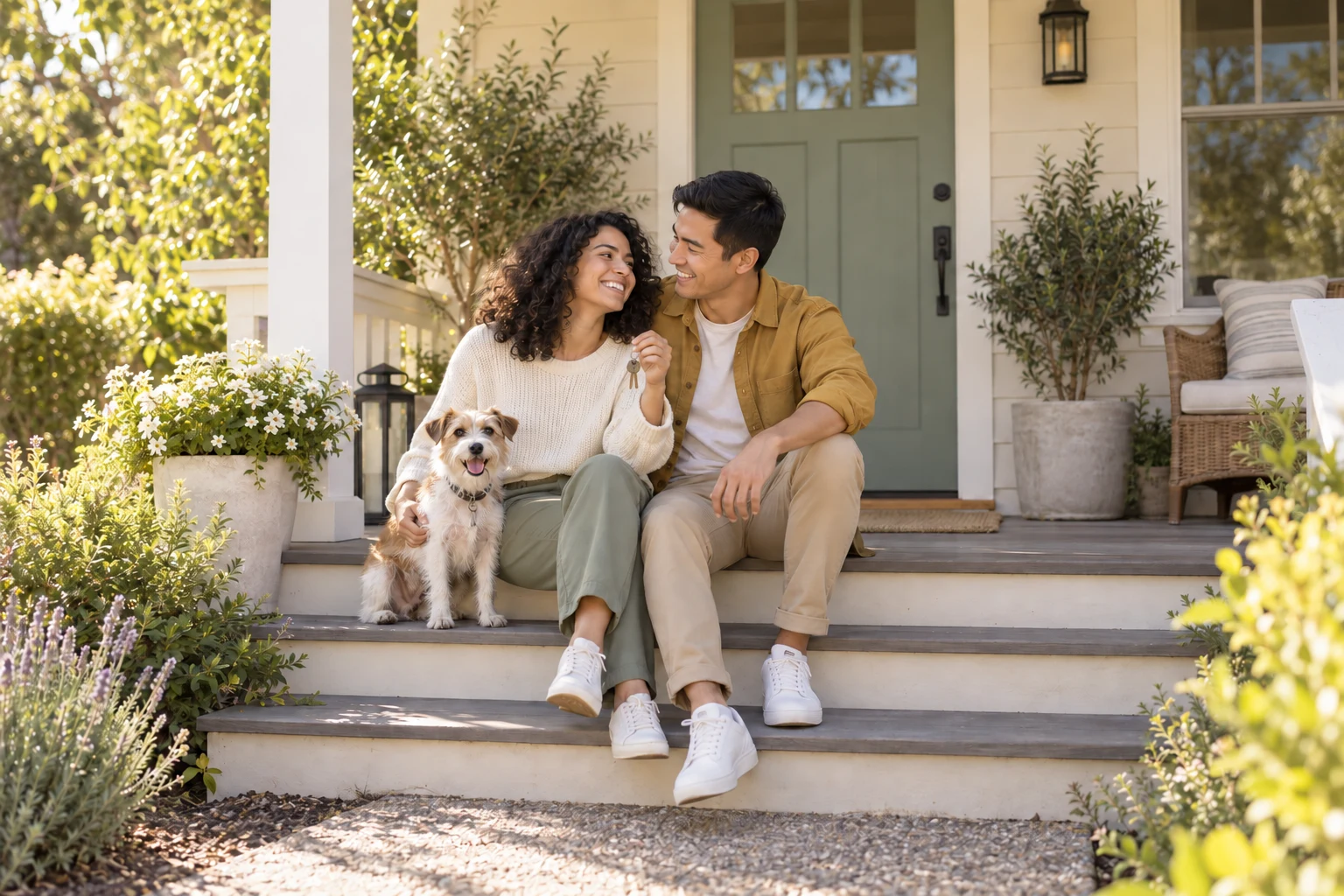 A couple holding their house keys with their terrier on sunny front porch steps