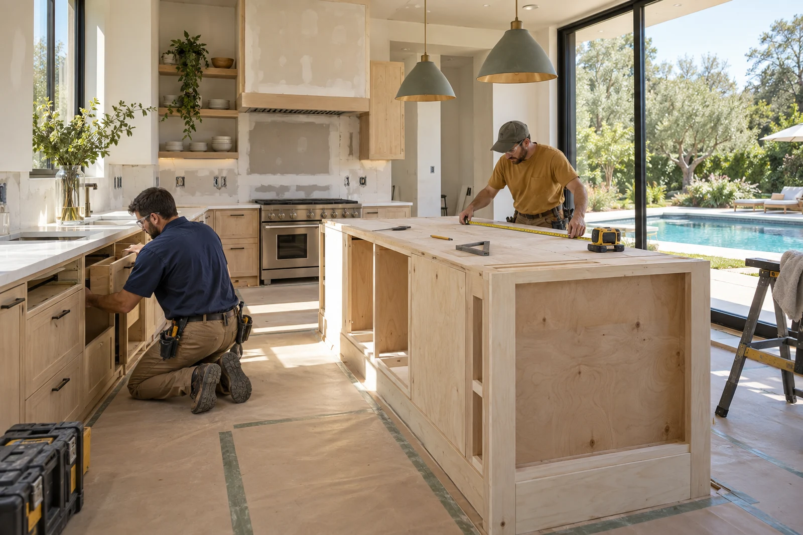 Workers remodeling a sunlit modern kitchen with unfinished cabinets and large windows overlooking a pool