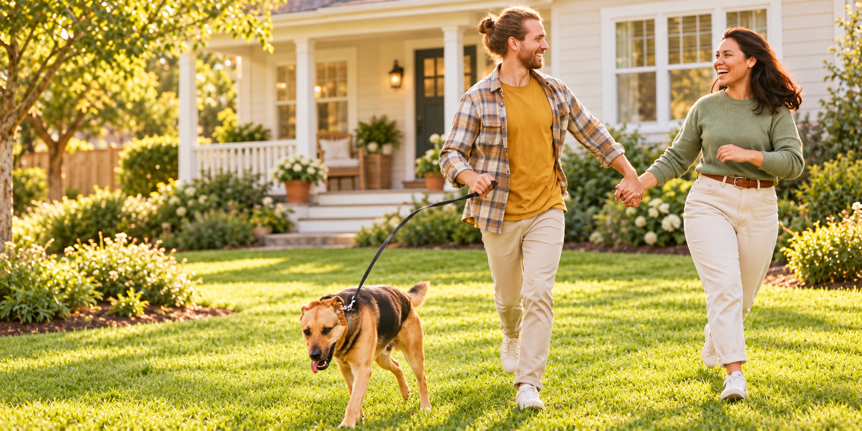 A joyful couple and their dog on the lawn in front of a sunlit home