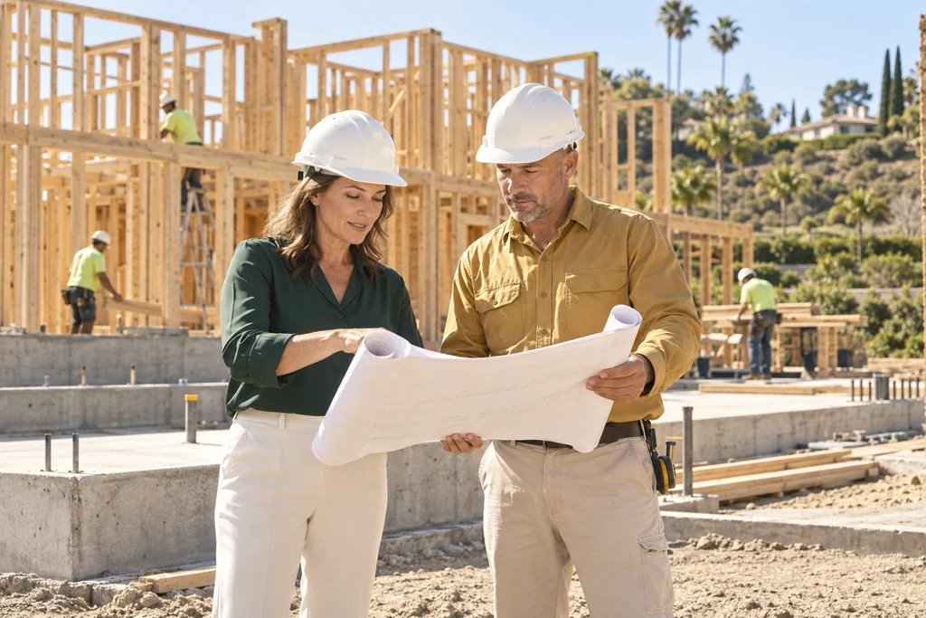An investor and construction supervisor reviewing plans at a new residential build