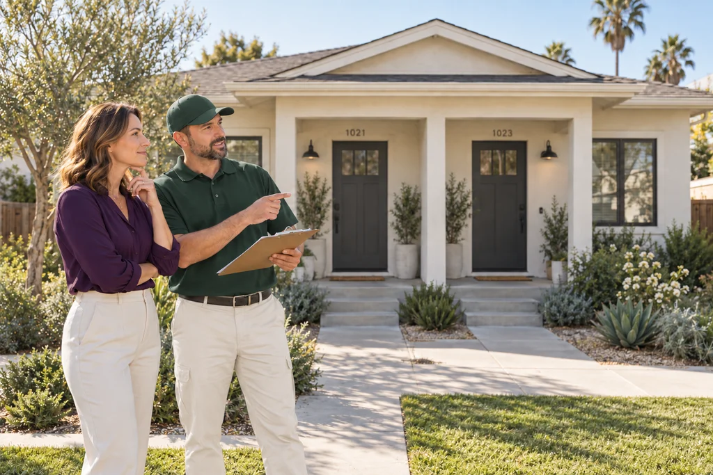 Investor and property manager reviewing a duplex rental property