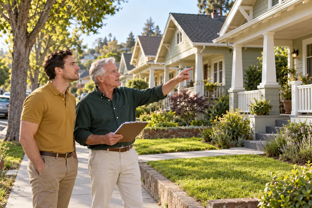 An investor with a clipboard sharing property knowledge with his adult son