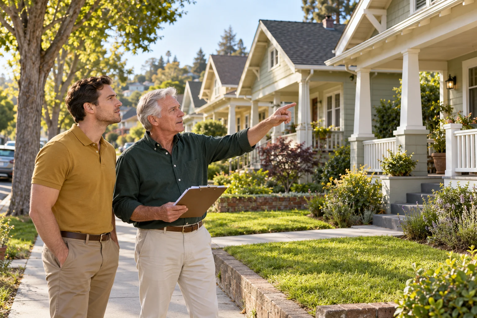 Older investor and adult son reviewing homes with a clipboard