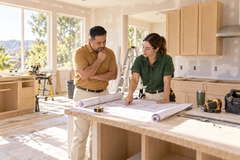 An investor and contractor reviewing plans in a home being renovated