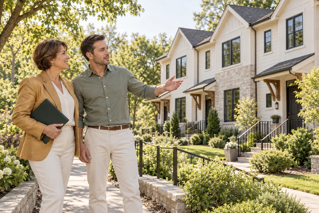 An investor and property manager discussing a row of rental townhomes