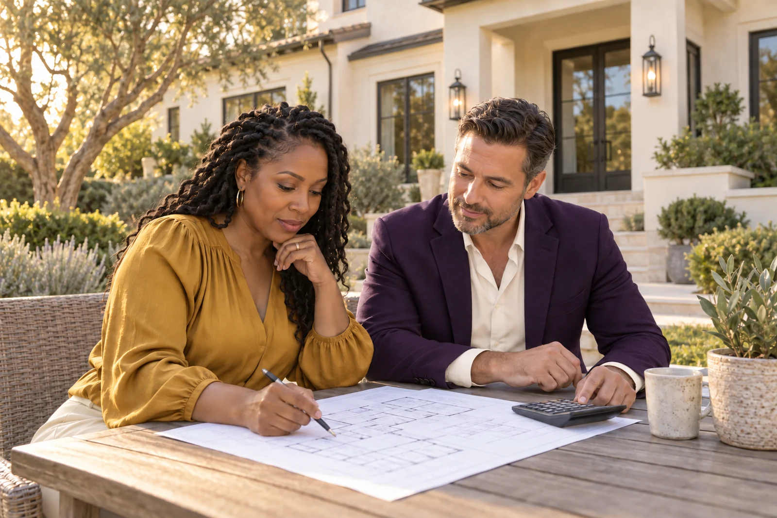Property investors reviewing plans and a spending plan outside a home