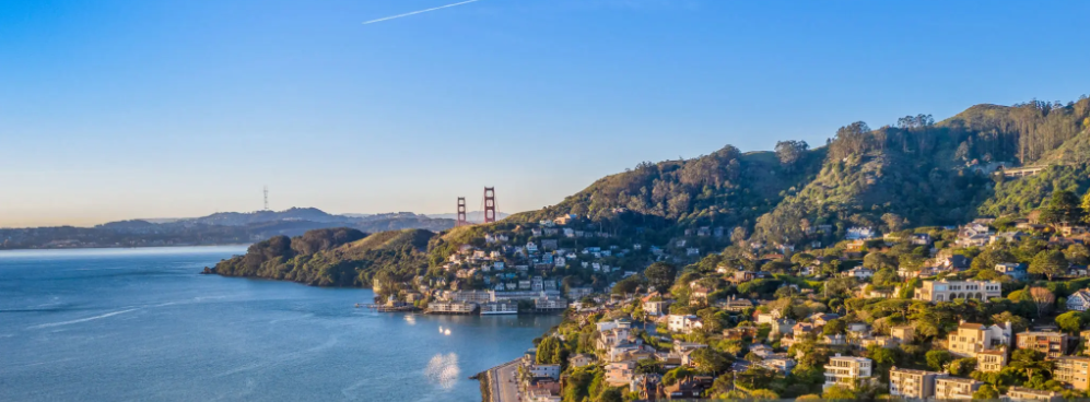 Sausalito waterfront homes in Marin County with the Golden Gate Bridge
