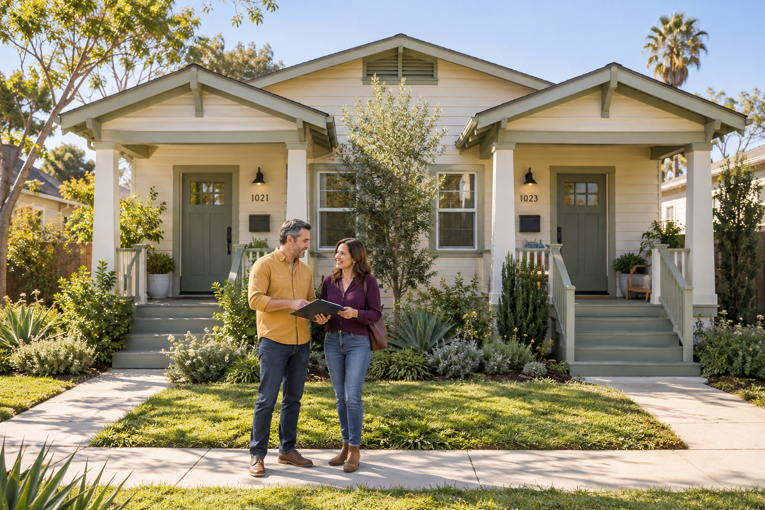 Investors reviewing a sunlit duplex with two separate front entrances
