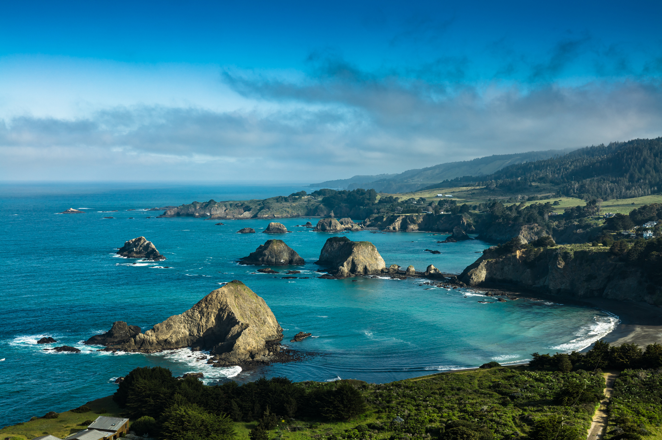 Rocky Northern California coastline and blue ocean