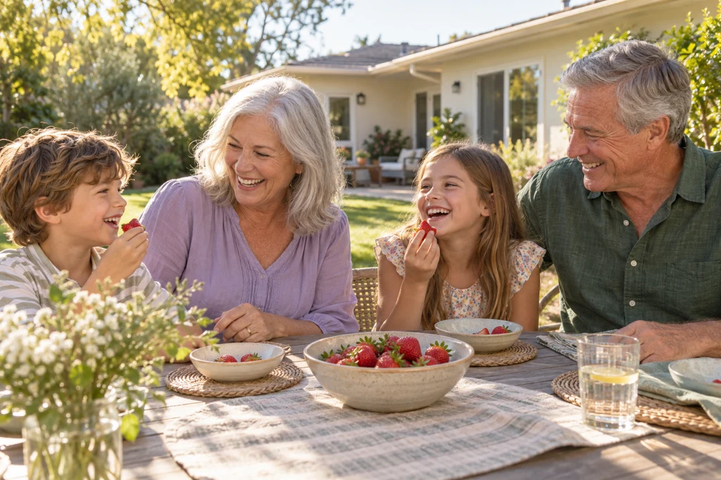 Grandparents spending time with grandchildren on a sunny patio