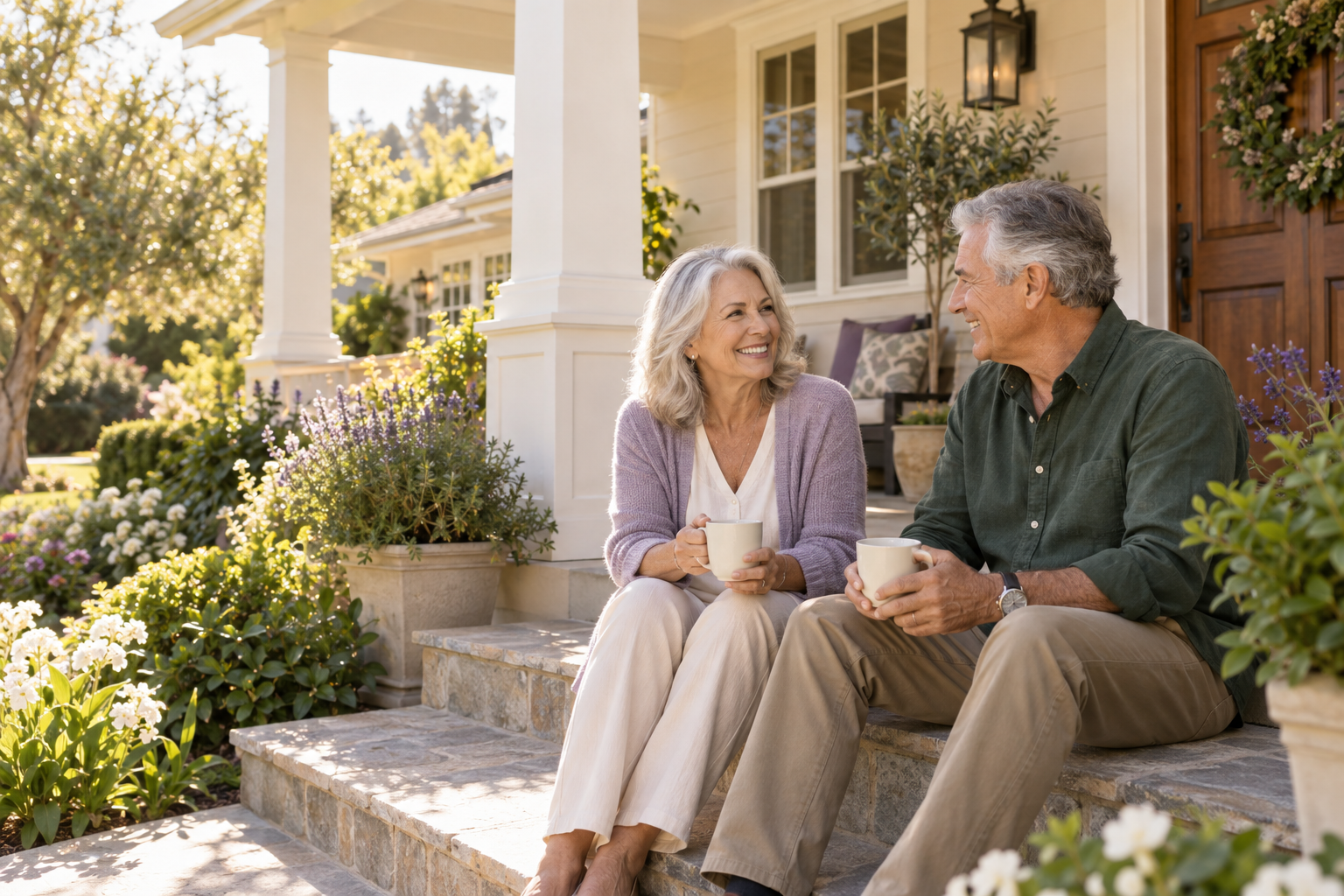 Homeowners enjoying their sunny front porch together