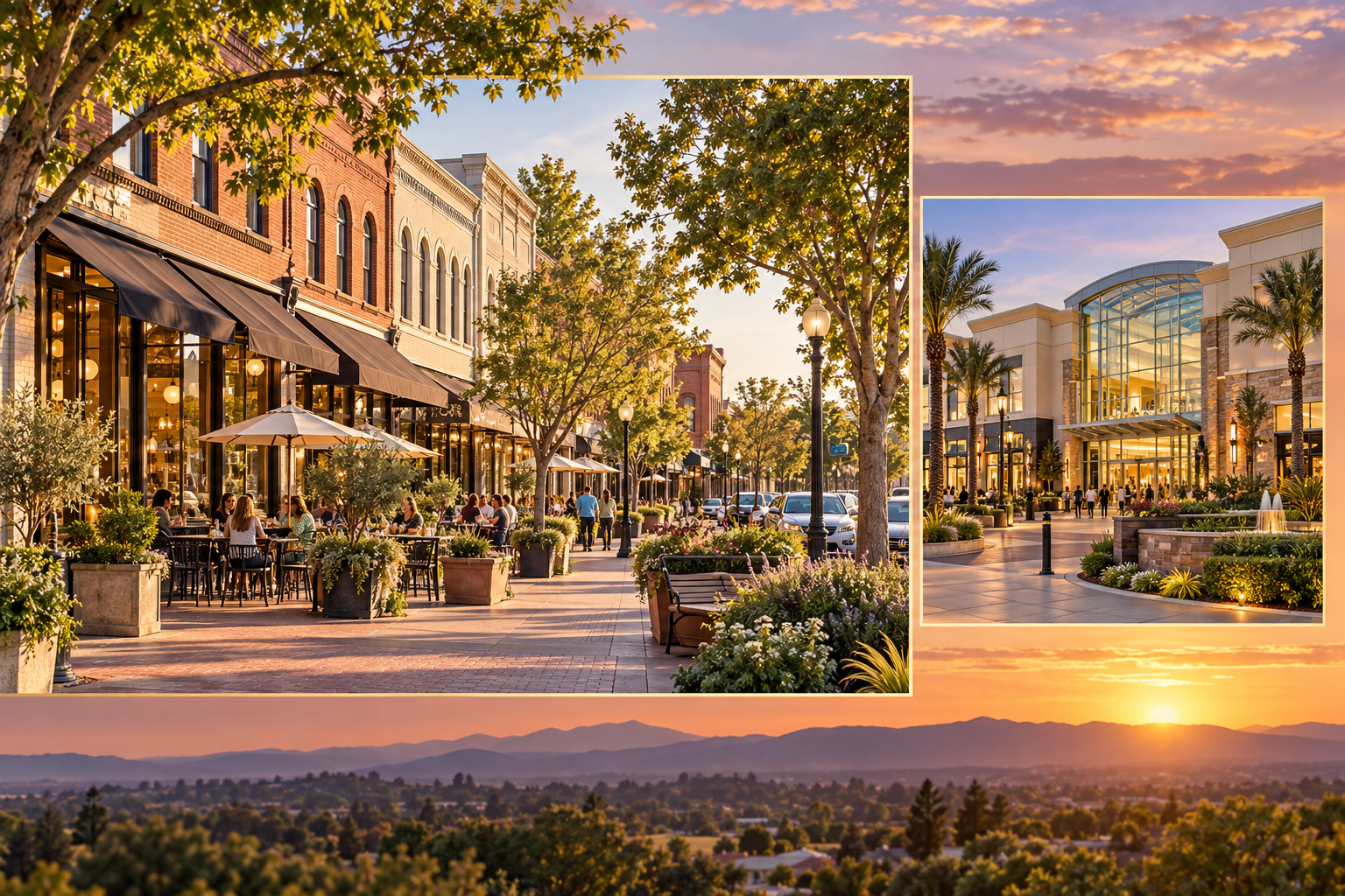 Historic Roseville streets, the Galleria, and a California sunset