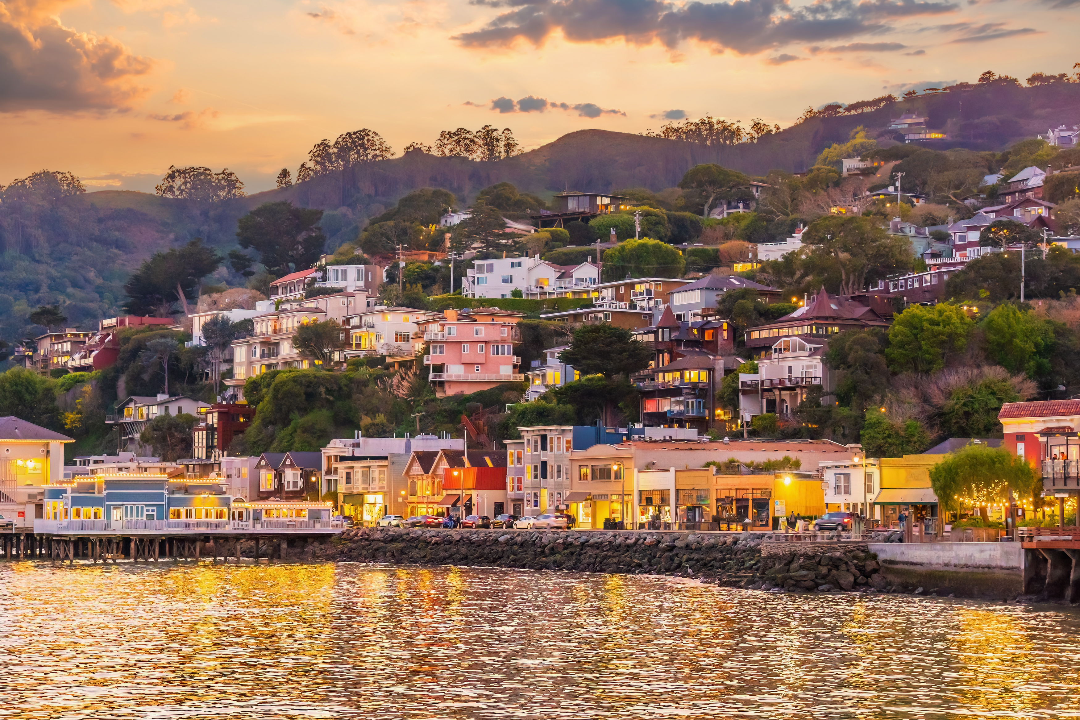 Sausalito homes along the Bay at sunset