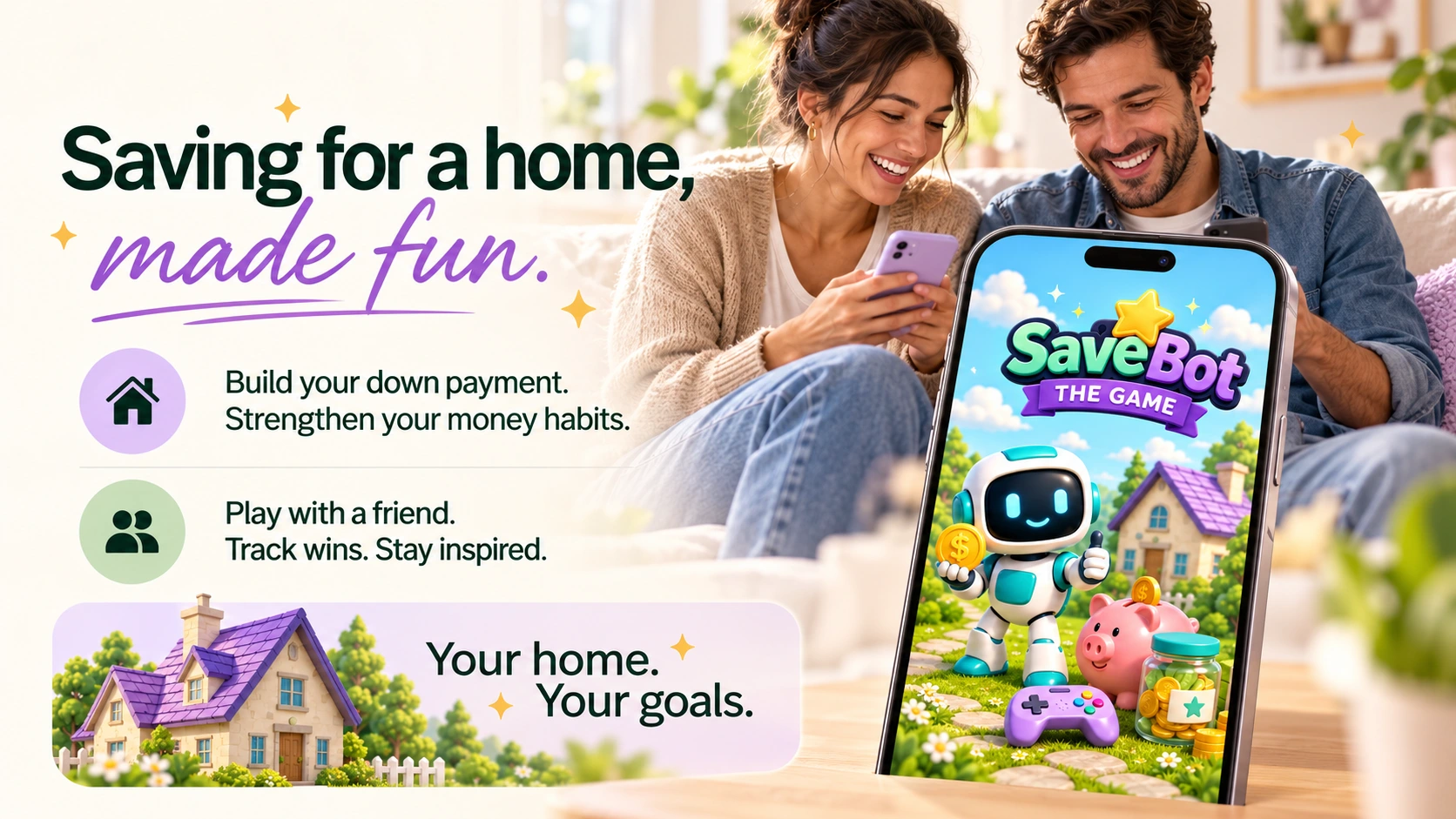SaveBot: saving for a home, made fun. Two people play together behind the phone game. Build your down payment, strengthen money habits, track wins and stay inspired. Your home, your goals.