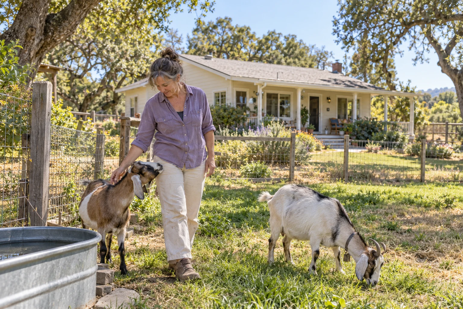 Woman tending goats beside a country home