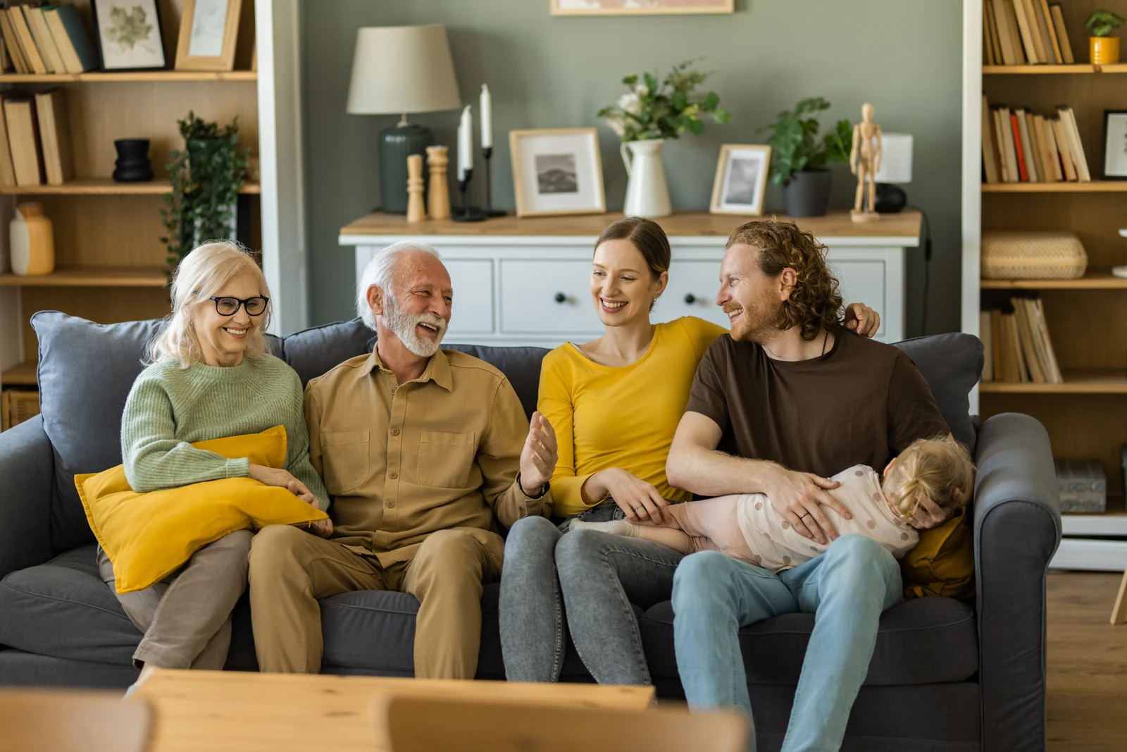 Parents and adult children sharing a home with a baby