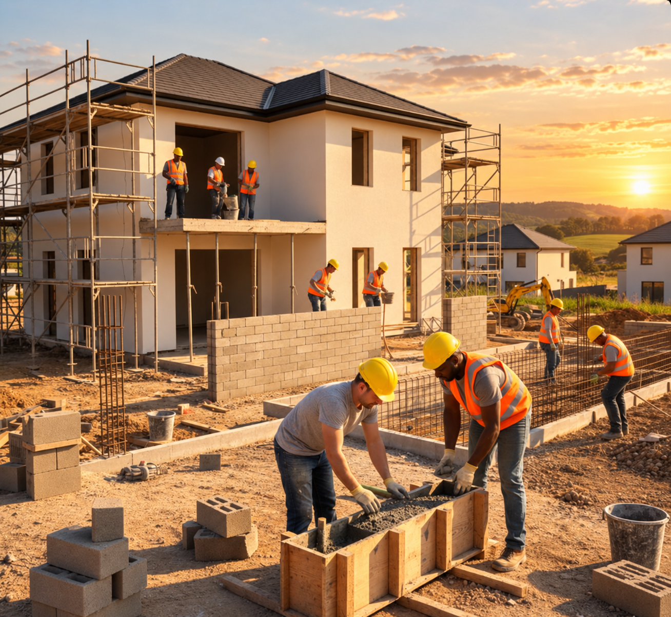 Residential construction crew building a new home at warm sunset