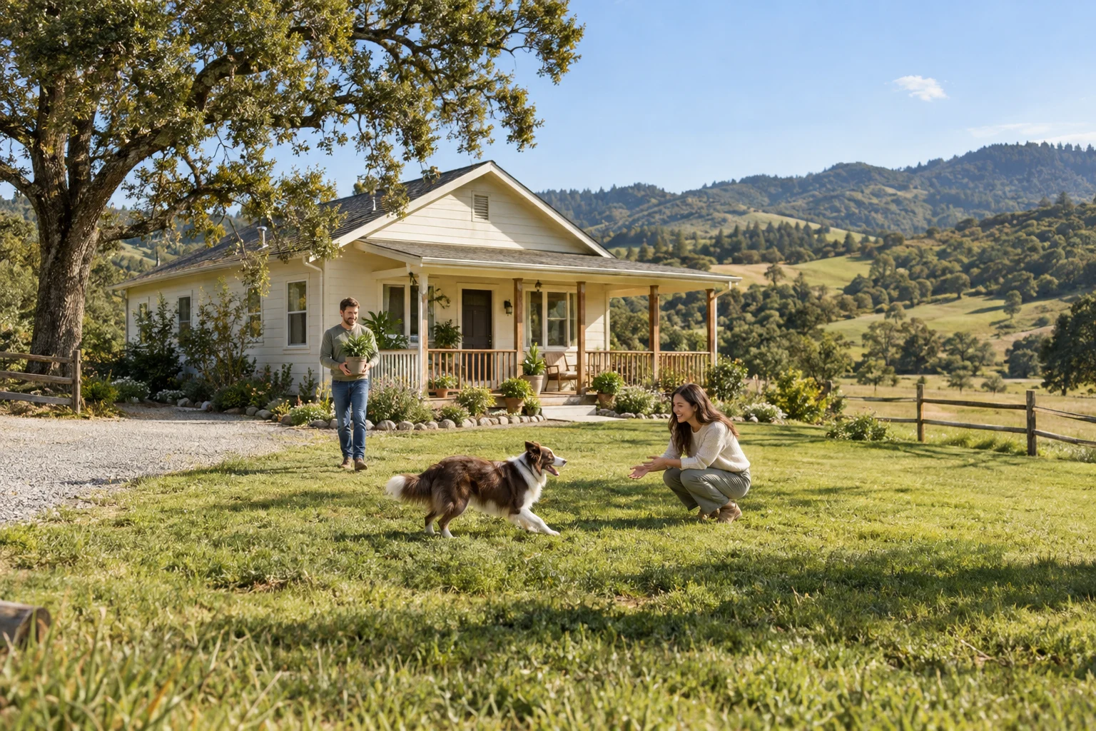 A couple and their dog outside a sunny rural home surrounded by open grassland and rolling hills