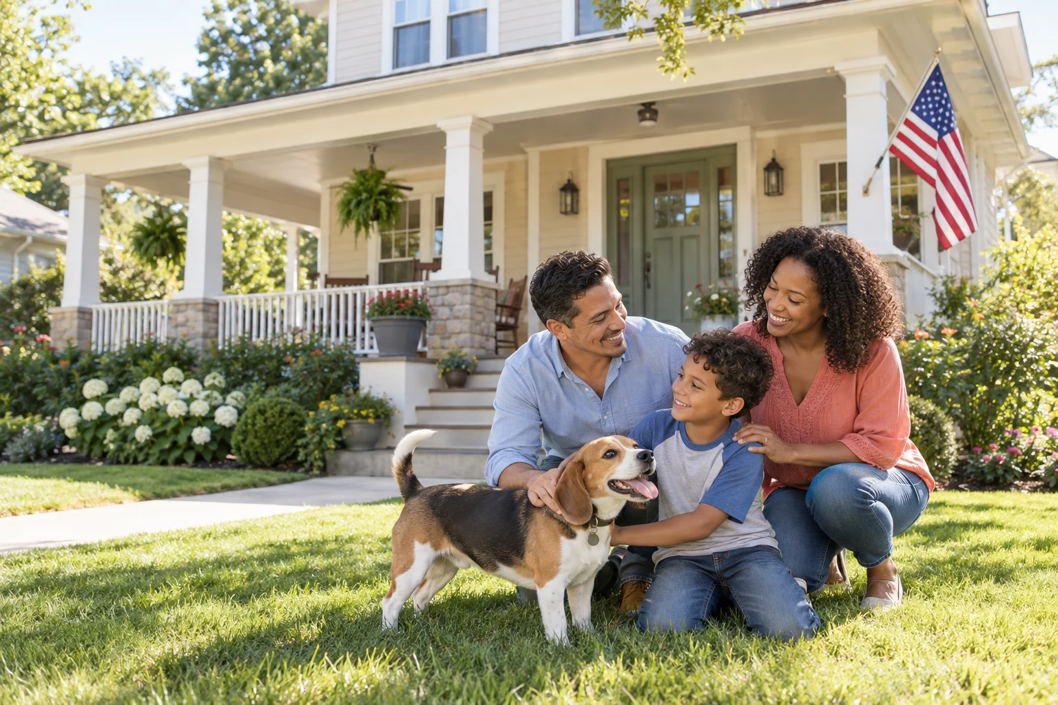 A veteran family outside a sunlit California home